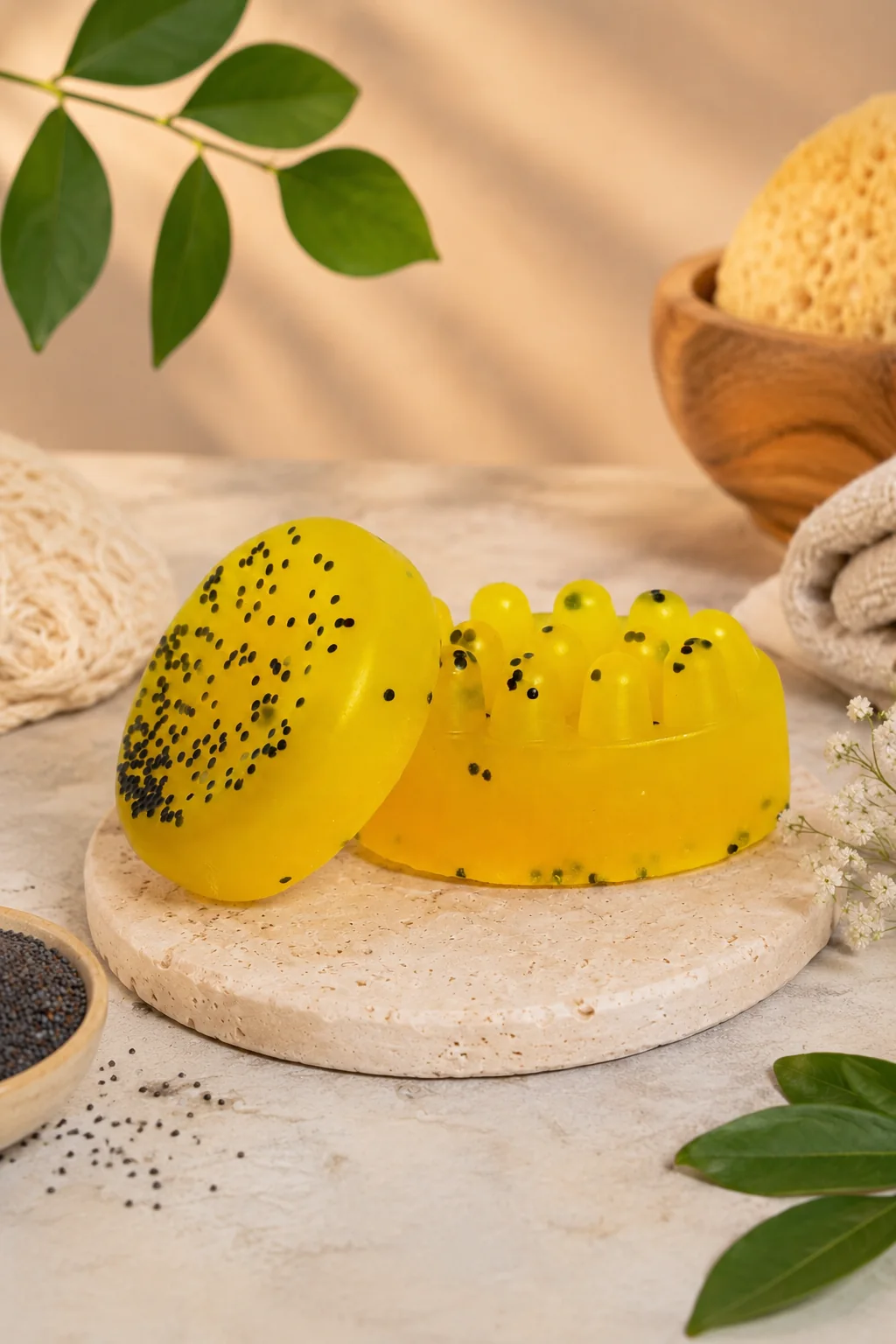 Sabonetes de maracujá sobre pedra, com folhas e esponja natural