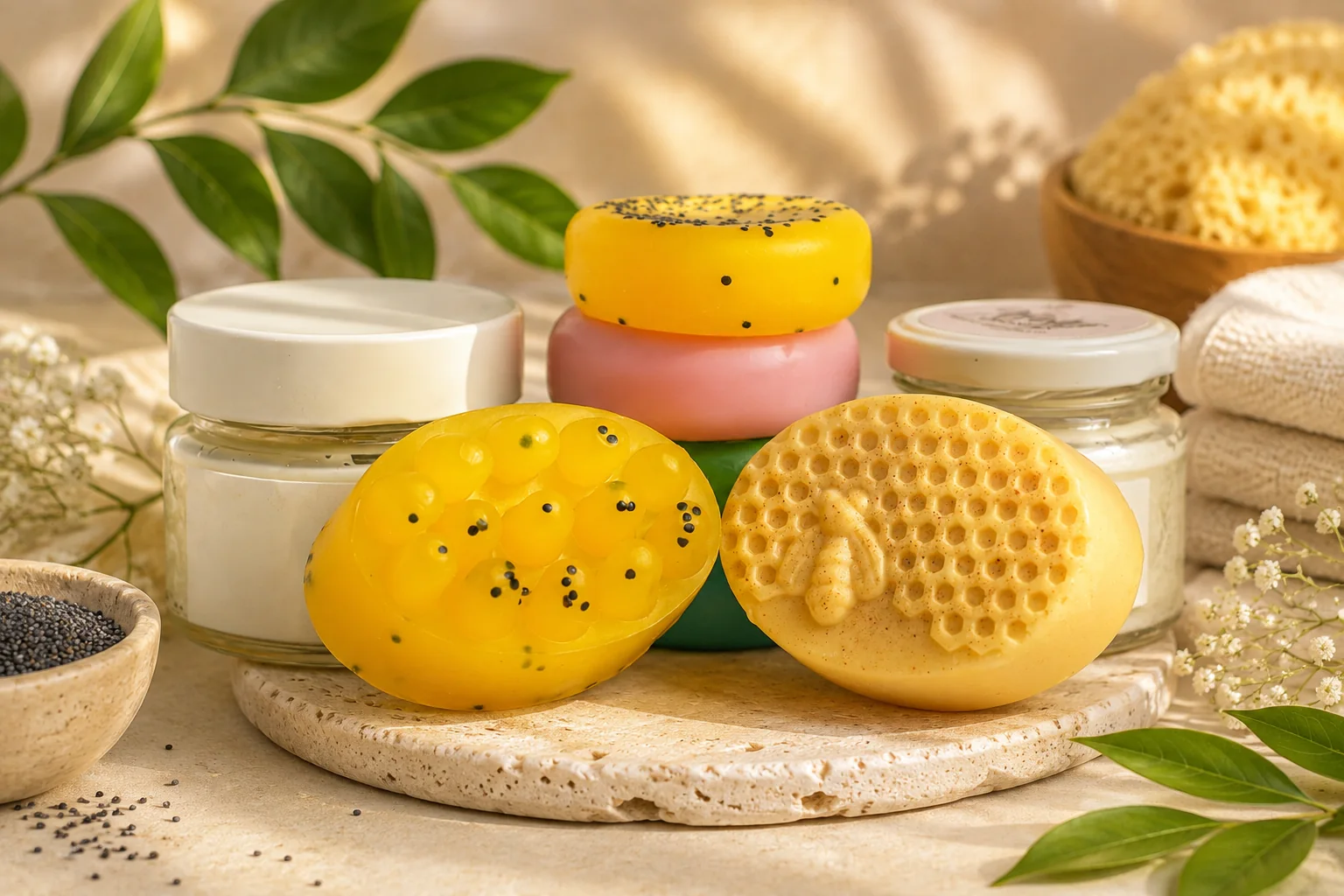 Sabonetes, velas e potes Wolff Aromas sobre pedra clara com folhagens